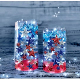 150 Floating Patriotic Red, Silver & Blue Stars+Gels Color Effects-Fill 2 Gallons of the Transparent Gels for the Floating effect Measured Gels Prep Bag-6 Floating Submersible Fairy Lights Warm White
