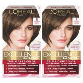 L'Oreal Paris Excellence Creme Permanent Hair Color, 5 Medium Brown, 100 percent Gray Coverage Hair Dye, Pack of 2