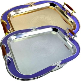 Maro Megastore (Pack of 2) 20.3 inch x 15.5 inch Floral Shape Antique Chrome Plated and Iron Gold Serving Tray with Handles Purple Edge Floral Engraved Dessert Buffet Decor Platter Plate Base TTL-013