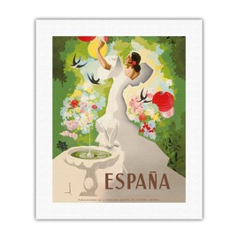 Espana (Spain) - Dancer with Fountain and Birds - Vintage Travel Poster by Marcias Jose Morell c. 1941 - Fine Art Rolled Canvas Print 16in x 20in