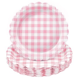 NatNarr 30 Pcs Light Pink Gingham Plates, 9 Inch Scalloped Plaid Camping Dessert Dinner Party Plates Pink and White Gingham Party Supplies for Girls Baby Shower, Wedding, Birthday