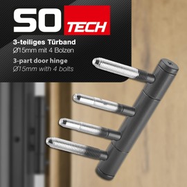 SOTECH Olav Door Hinges 3-Piece Set with 4 Threaded Bolts, Pin, Screw Bolts (Diameter 15 mm, Steel, Black Powder Coated, DIN Compliant, Nylon Plain Bearing, up to 60 kg Load Capacity) Frame Tape for
