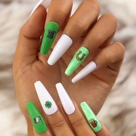 Funyrich St.Patrick's Day Long Press on Nails Coffin Glossy False Nail Green Lucky Clover Full Cover Nails for Women and Girls(24Pcs) (A)