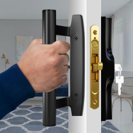 T-HAKEN Sliding Glass Door Handle Replacement Kit, 3‑15/16" Screw Spacing, All- Aluminum, Mortise Style, Reversible, Non-Keyed, Fits 1‑3/8"–1‑3/4" Doors. (Black - Straight Handle with Key)