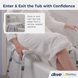 Drive Medical Splash Defense Tub Transfer Bench for Bathtub - U-Shaped Shower Curtain Guard - Adjustable Height - Reversible Design - 400 Lb Capacity - Safe Bathing Aid - White