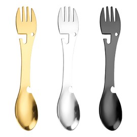 3 Piece Spork Camping Cutlery Set, Multipurpose Picnic Metal Tableware, Camping Spork Bottle Opener, Stainless Steel Spoon Fork, 5 in 1 Functionality for Camping, Travel, Outdoor Activities