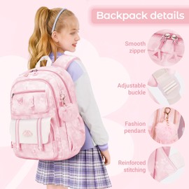 Tanou School Bag Girls School Bag Kids, Large Capacity School Backpack for Girls 1st to 4th Grade, Breathable Kawaii Backpack School Girls with Pendant, pink, Rucksack