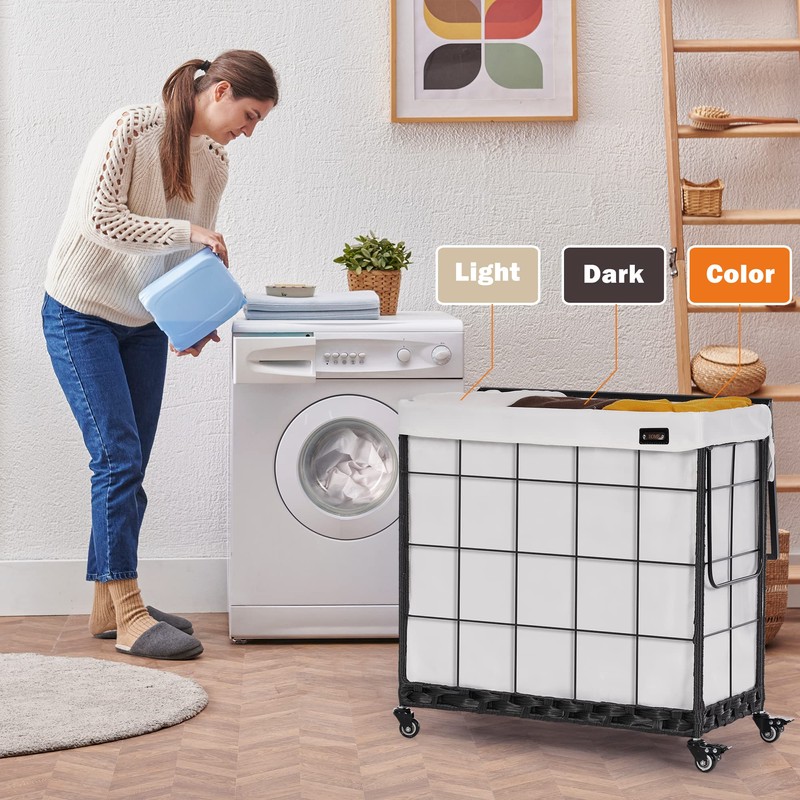 Laundry Hamper with Heavy Duty Caster Wheels; 3 Sections Clothes