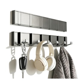 Drovalles Coat Rack Wall Mounted, 5 Retractable Pegs, Heavy Duty, Stainless Steel, Metal Coat Hook Rail for Coat Hat Towel Purse Robes