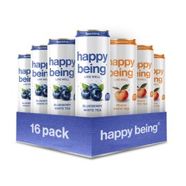 Happy Being Sparkling Nutrient-Rich Organic Blueberry & Peach Rose White Tea Infused with Turmeric, Elderberry, Vitamin D3, Caffeine Free, Plant-Based, Low Calorie & Low Sugar Drinks, 16 Pack