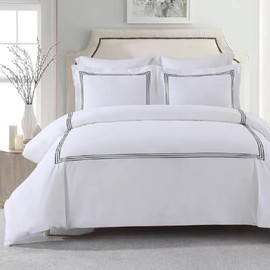 Embroidered Adeline 4pc Comforter Set with Pillow Shams and Down Alternative Comforter (Duvet Insert) Duvet Cover Set, 100% Cotton Percale, Full/Queen, White and Gray