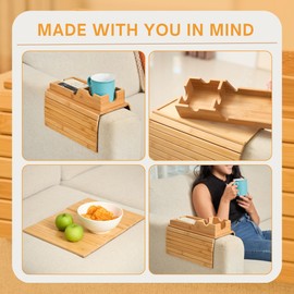 Couch Cup Holder Tray - Portable Sofa Arm Tray Table - Anti-Spill Armchair Caddy Couch Arm Table Snack Organizer with Removable Tray - Remote Control Holder Couch Table Perfect for Cups, Snacks, Phone