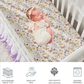 Brandream Luxury Softer Thicker Crib Sheets Set, Cotton Wildflower Butterfly Printed Toddler Sheets for Baby Girls, Breathable Comfy Durable, 28"x52" - Purple Pink Sage Green White