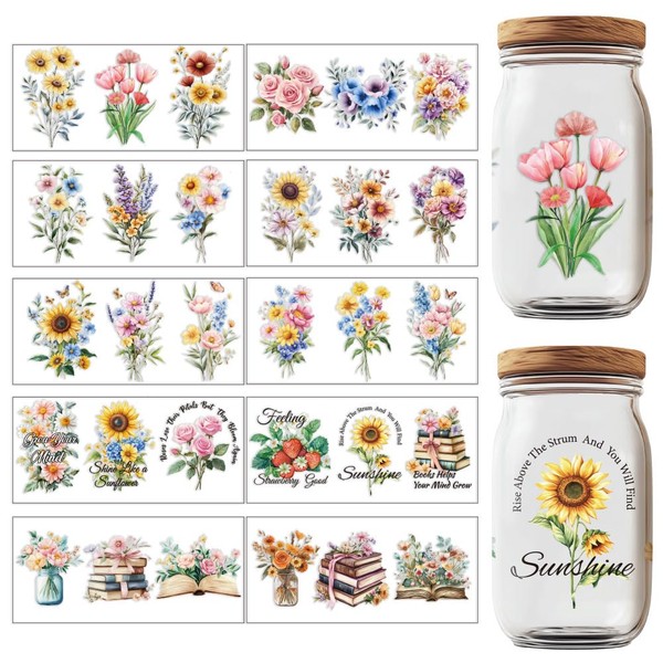 GOMAKERER 30 Pcs Transfers Stickers, Rub on Transfers Flower UV