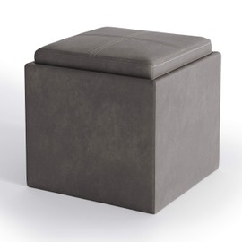SIMPLIHOME Rockwood 17 inch Wide Square Cube Storage Ottoman with Tray in Upholstered Distressed Slate Grey Faux Air Leather, Footrest Stool, Coffee Table for the Living Room, Bedroom and Kids Room
