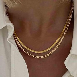 Aneneiceera Vintage Layered Curb Chain Choker Necklace Gold Flat Herringbone Necklace Chunky Snake Chain Necklace Metal Curb Link Chain Necklace Jewelry for Women