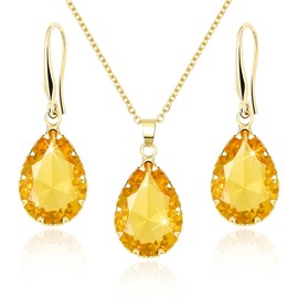 Linawe Yellow Jewellery Sets for Women, Gold Pendant Necklace and Earrings Set, Imitation Diamond Birthstone Crystal Rhinestone Tear Drop Costume Jewellery for Women Sets, Fake Jewellery