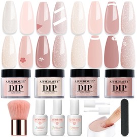 AZUREBEAUTY Dip Powder Nail Kit, 4 Colors Dipping Powder Nude Skin Glitter System Liquid Set Recycling Tray, French Nail Art Base & Top Coat Activator DIY Salon.