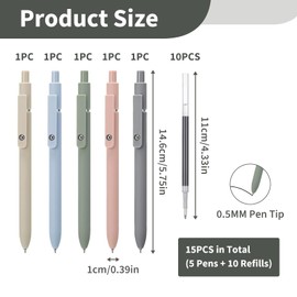 15 Pcs 0.5mm Gel Pens Quick-Dry Ink Fine Point Retractable Rolling Ball Pen Black Ink Smooth Writing, 5 High-End Pens & 10 Refills, Perfect for School, Office, Home & Gifts for Men and Women (Morandi)