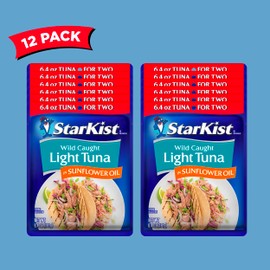 StarKist Chunk Light Tuna in Sunflower Oil, 6.4 oz Pouch (12 Pack) Ready to Eat Wild Caught Tuna, 19g Protein Per Serving, 160 Calories Per Serving, Gluten Free, Soy Free, Kosher, Perfect for Salads, Keto Meals and Snacks