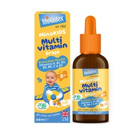 Minadex Minadex MinaKIDS Multivitamin Drops C Liquid Vitamins for Children, A, B1, B2, B3, B6, C & D3 (400IU), Vegan, Orange Flavour, 60ml (2-Month Supply), Made in UK