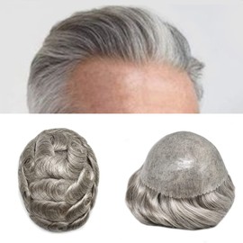 Hair Piece for Men Toupee for Men Hairpiece Human Hair Replacement System Full Poly Thin Soft Injected PU Durable Skin Mens Wig (8"X10", 380 Dark Brown+80% Gray-120% Medium Light to Medium Density)