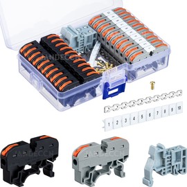 JANDECCN DIN Rail Terminal Blocks Kit, 20pcs Universal Compact Wire Connectors + 2pcs Connection Bar + 2pcs Marker Strip + 2pcs Terminal End Stopper + 20pcs Screws for 24-12 AWG