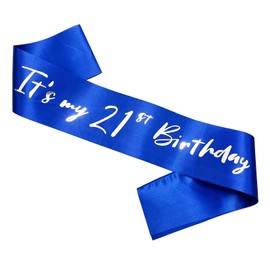 21st Birthday Sash, Blue Satin Soft Sashes with Silver Foil Letter, Birthday Decorations for Girls or Boys, Happy 21st Birthday Party Favor Supplies,Blue Silver