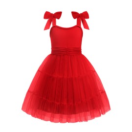 Arshiner Girls Dresses Summer Sleeveless Bow-Tie Straps Formal Fancy Party Birthday Tulle Dress Red Kids 7-8 Years