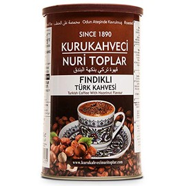 Kurukahveci Nuri Toplar Hazelnut Flavoured Turkish Ground Coffee Roasted in Wood Fire 250g Roller Metal Box