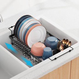 iSPECLE Expandable Dish Drying Rack for Large Sink - Adjustable Capacity Over The Sink Dish Drainer Drying Rack, 15.8"-20.7" L x 12.8" W, Black