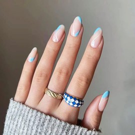 24 PCS Short Press on Nails, Cute Almond Glossy False Nails Acrylic with Designs, Blue& White Line Fake Nails Artificial Glue on Nails, Abstract Fake Nails for Women and Girls