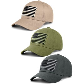 KIRAAT 3 Pack American Flag Baseball Cap Unisex,Low Profile USA Plain Dad Hat for Men＆Women (Grey＆Khaki＆Green)
