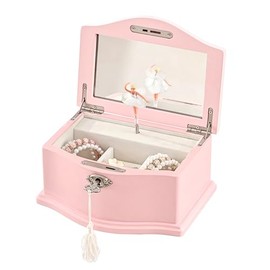 Joyero musical de madera para niñas con espejo y cerradura de llave, regalo para niños en cumpleaños y vacaciones (rosa, mediano)