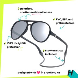 Hipsterkid Aviator Sunglasses Kids Toddler Polarized Sunglasses Shatter-Resistant Lenses Stay-On Strap 100% UV Protection Christmas Gift (Black, 3-6 Years)