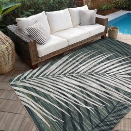 ReaLife Rugs Machine Washable Indoor Outdoor - Mat Rug Foldable Printed Thin Lightweight Cushioned Fade Resistant Patio Deck Dock Porch Pool Balcony Camping - Palm - Green Tan 4' x 6'