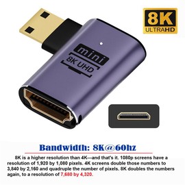 xiwai 8K Left Angled Mini HDMI Male to HDMI 2.1 Female UHD Extension Gold Converter Adapter Support 8K 60hz HDTV