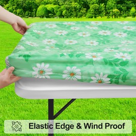misaya Rectangle Vinyl Tablecloth, Fitted Table Cover, 100% Waterproof, Elastic Edge, Plastic Table Cloth Fit 4 Foot Folding Tables for Picnic, Camping, Outdoor (Green Daisy, 30x48 inch)