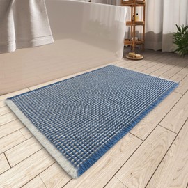 Rvolst Bath Mat Rug for Bathroom Waffle Woven Bathroom Mat Super Absorbent Machine Washable Non Slip Farmhouse Boho Bath Rug 46x77cm Blue Cream