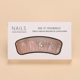 French Press on Nails Medium Square Fake Nails White French Tip Nails Press on False Nails with Flower Glitter Designs Nude Pink Acrylic Fake Nails Kits Spring Glue on Stick on Nails for Women 24PCS
