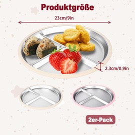 Pack of 2 Stainless Steel Plates with Suction Cup, 23 x 23 cm Baby Plate with Suction Cup, Stainless Steel Baby Plate, Children's Plate, Stainless Steel Plate, Drop-Proof, Reusable, Durable for