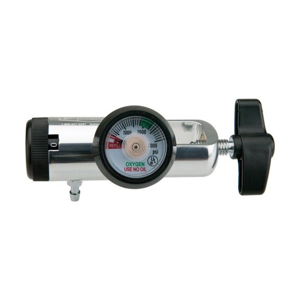 Oxygen Regulator - Mini CGA870, 0-15 LPM, Barb Outlet with Black Color Coded Gauge Protector and tee Handle