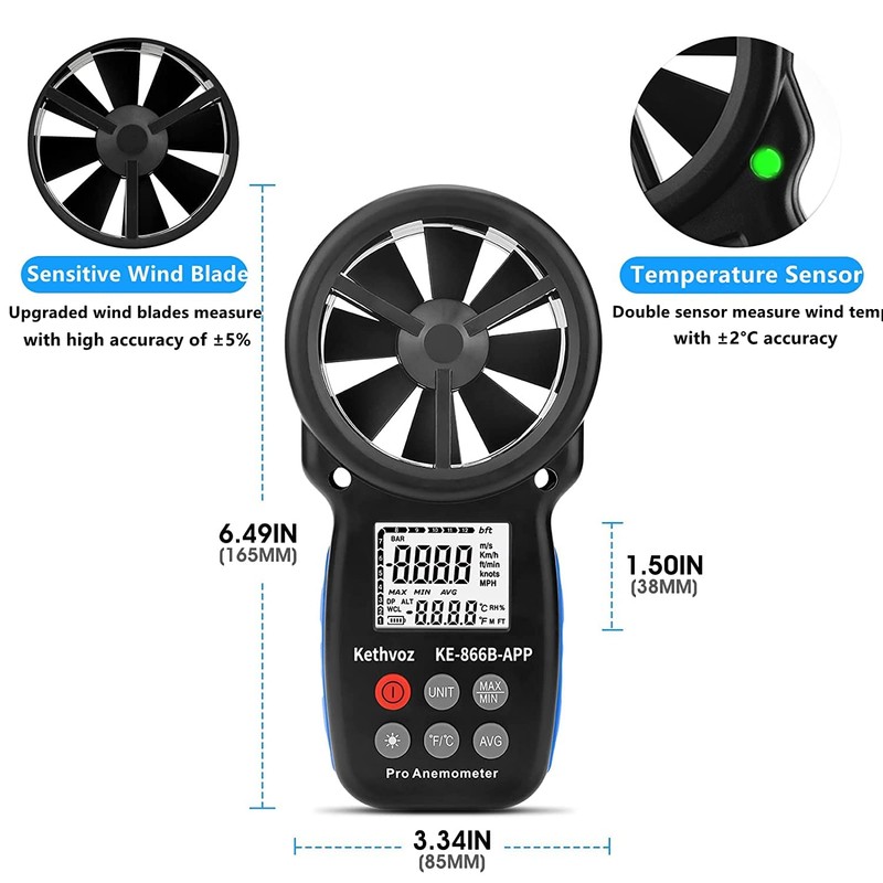 Bluetooth Digital Anemometer, Kethvoz Handheld Wind Speed Meter with Data
