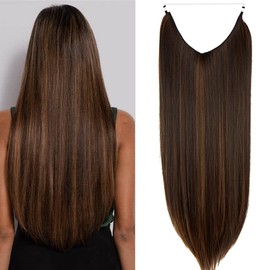 Hair Extensions Long Synthetic Hairpieces Invisible Wire Headband Straight 22 Inch 4.4 Oz for Women Heat Resistant Fiber No Clip, Dark Brown Mix Light Auburn