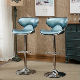 Roundhill Furniture Masaccio Cushioned Leatherette Upholstery Airlift Adjustable Swivel Barstool with Chrome Base, Set of 2, Blue