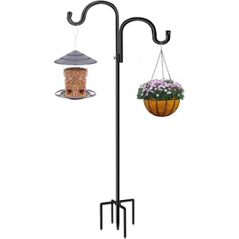 Double Shepherds Hook for Outdoor,78 Inch Bird Feeder Pole with 5 Prongs Base,Adjustable Heavy Duty Garden Hanging Holder for Hanging Plant,Solar Light,Weddings Decor,Hummingbird Feeder（1 Pack）