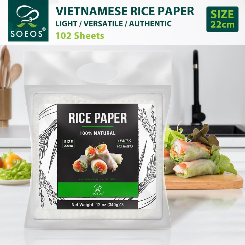 Soeos Rice Paper, White Rice Paper Wrappers, 3 Pack, 102
