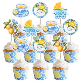 24Pcs Blue White Tiles Lemon Oh Baby Cupcake Topper Sweet Fruit Theme Summer Lemonade Cupcake Picks for Baby Shower Party Decorations