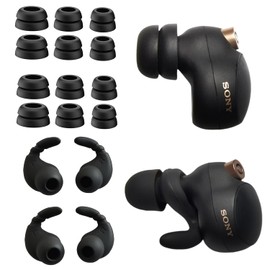 Double Flange Ear Tips & Ear Hooks for Sony WF-1000XM5/M4 – Fit Silicone Earbud Tips + Anti-Slip Ear Hooks Combo (2-in-1 Bundle), Black