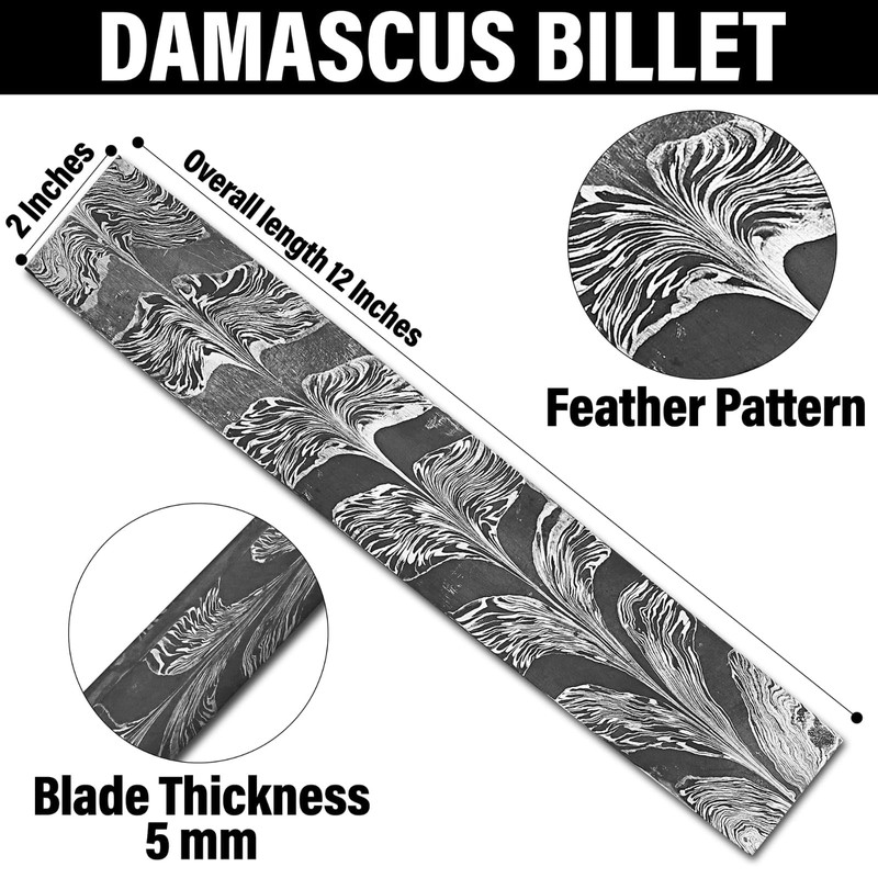 Nesmo 524 Damascus Steel Blank Billet Black Feather Patern Bar